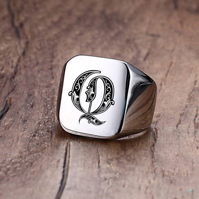 Retro Stainless Steel Engraved Ring (N-Z) - Wurlis