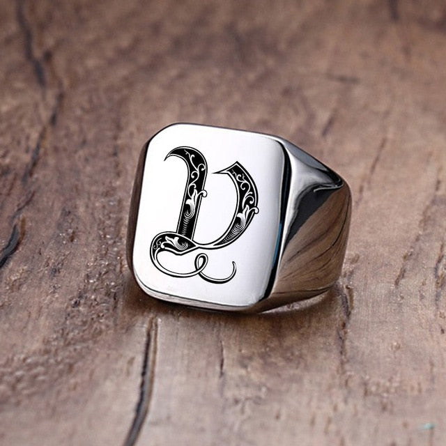 Retro Stainless Steel Engraved Ring (N-Z) - Wurlis