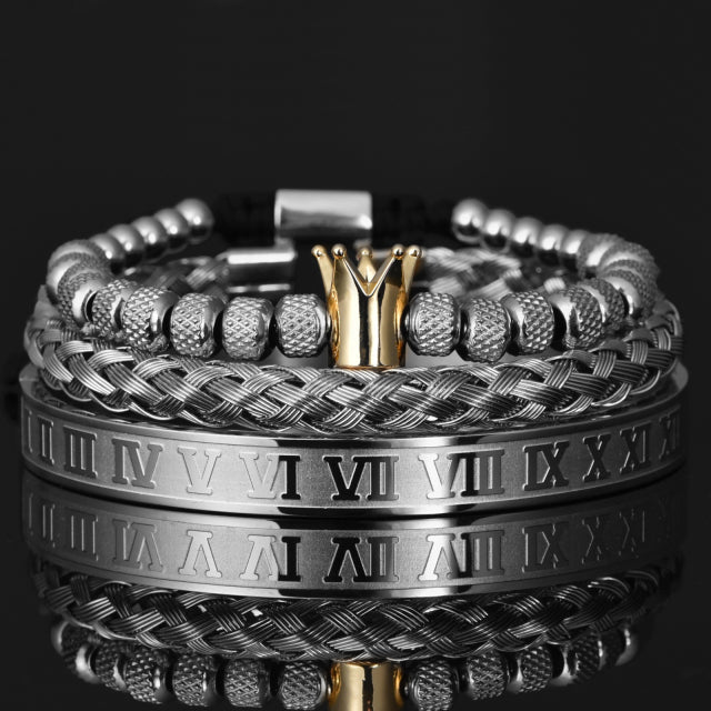 Luxury Stainless Steel Roman Numeral Crown Charm Bracelet - Wurlis