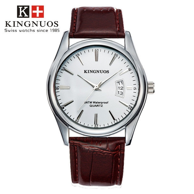 KINGNUOS Waterproof Dated Leather Strap Luxury Wristwatch - Wurlis