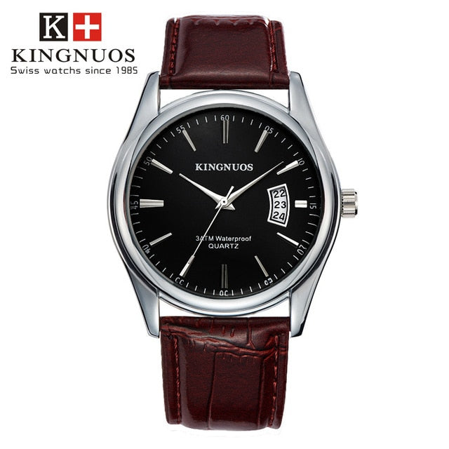 KINGNUOS Waterproof Dated Leather Strap Luxury Wristwatch - Wurlis