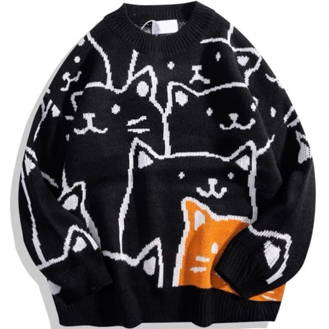 Knitted Vintage Cartoon Cat Sweater - Wurlis