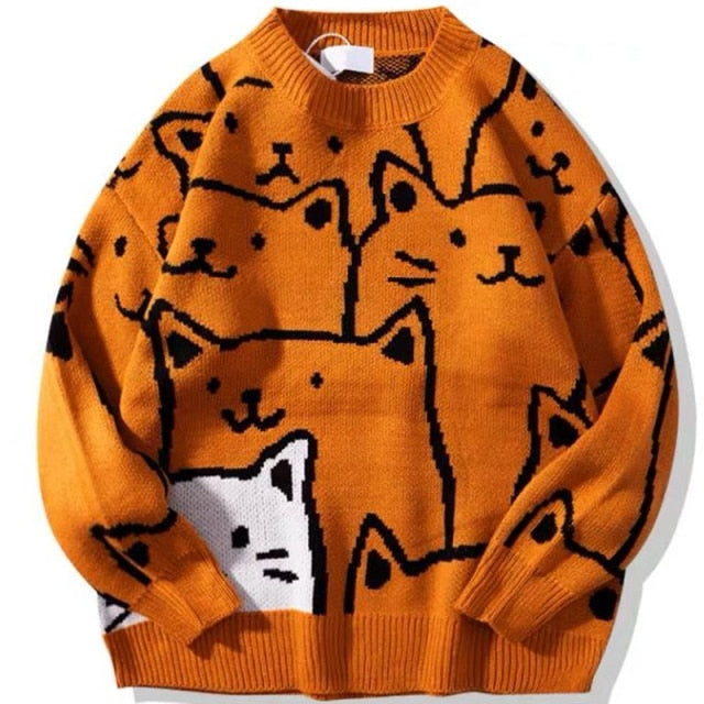 Knitted Vintage Cartoon Cat Sweater - Wurlis