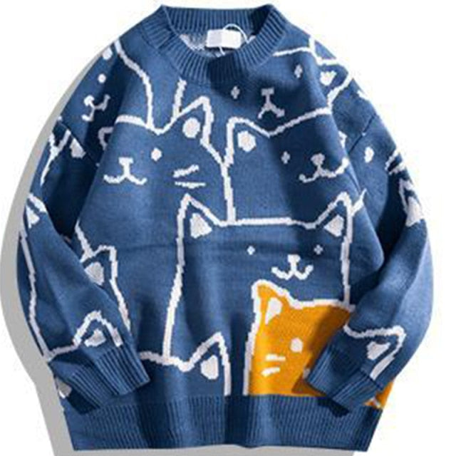 Knitted Vintage Cartoon Cat Sweater - Wurlis